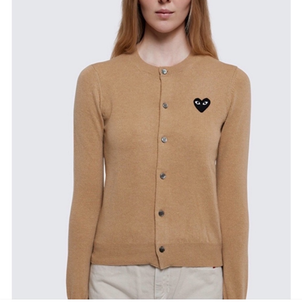 Comme des Garcons Play Tan Wool Cardigan Sweater Heart Patch